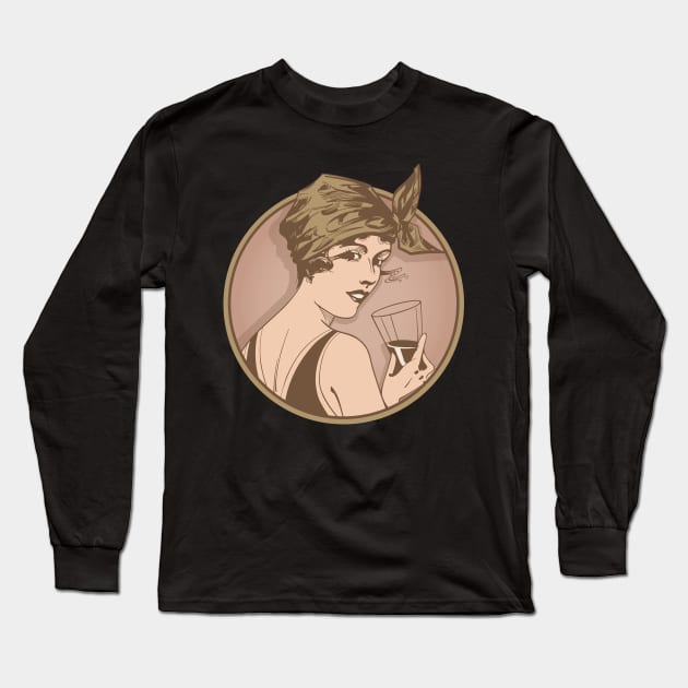 Lady Drinking Wine. Art deco style illustration design. Long Sleeve T-Shirt by RobiMerch